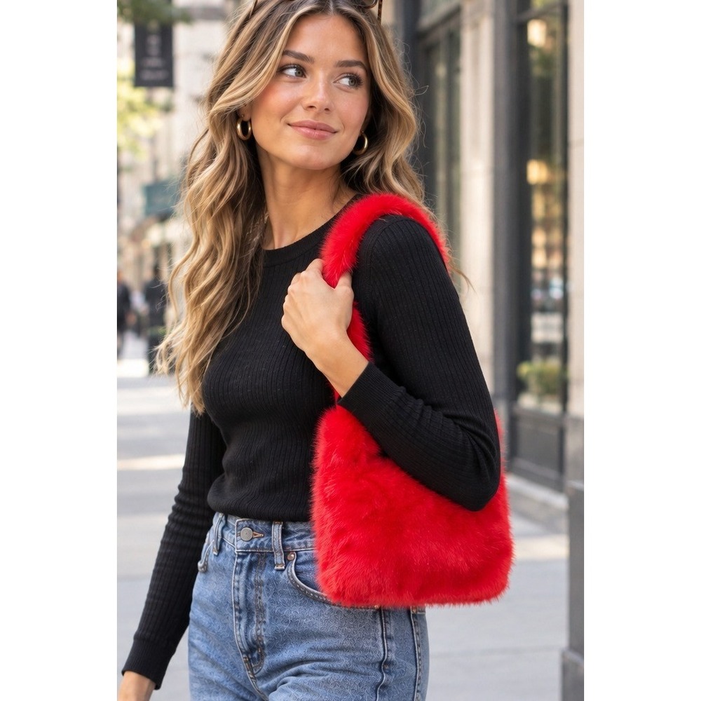 French Connection Red Faux Fur Shoulder Bag Y2K Glam Plush Tote Handbag